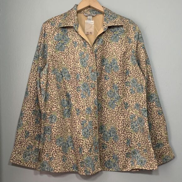 Womens Size Large Leopard Floral Faux Suede Button Up Shirt Safari Old Money - Picture 1 of 7